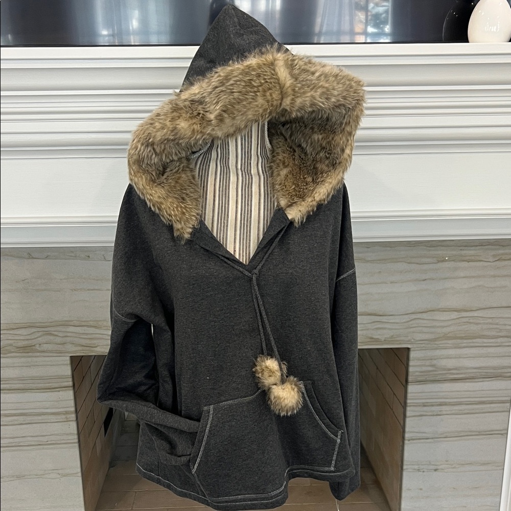 Women's Gray Hooded Jacket with Faux Fur Trim